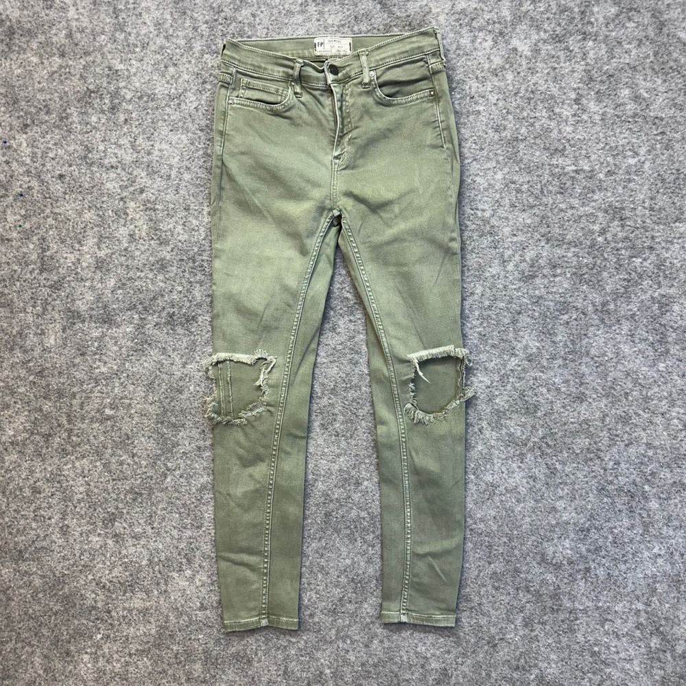 Free People Skinny Jeans Womens Size 27 Olive Green Distressed High Rise